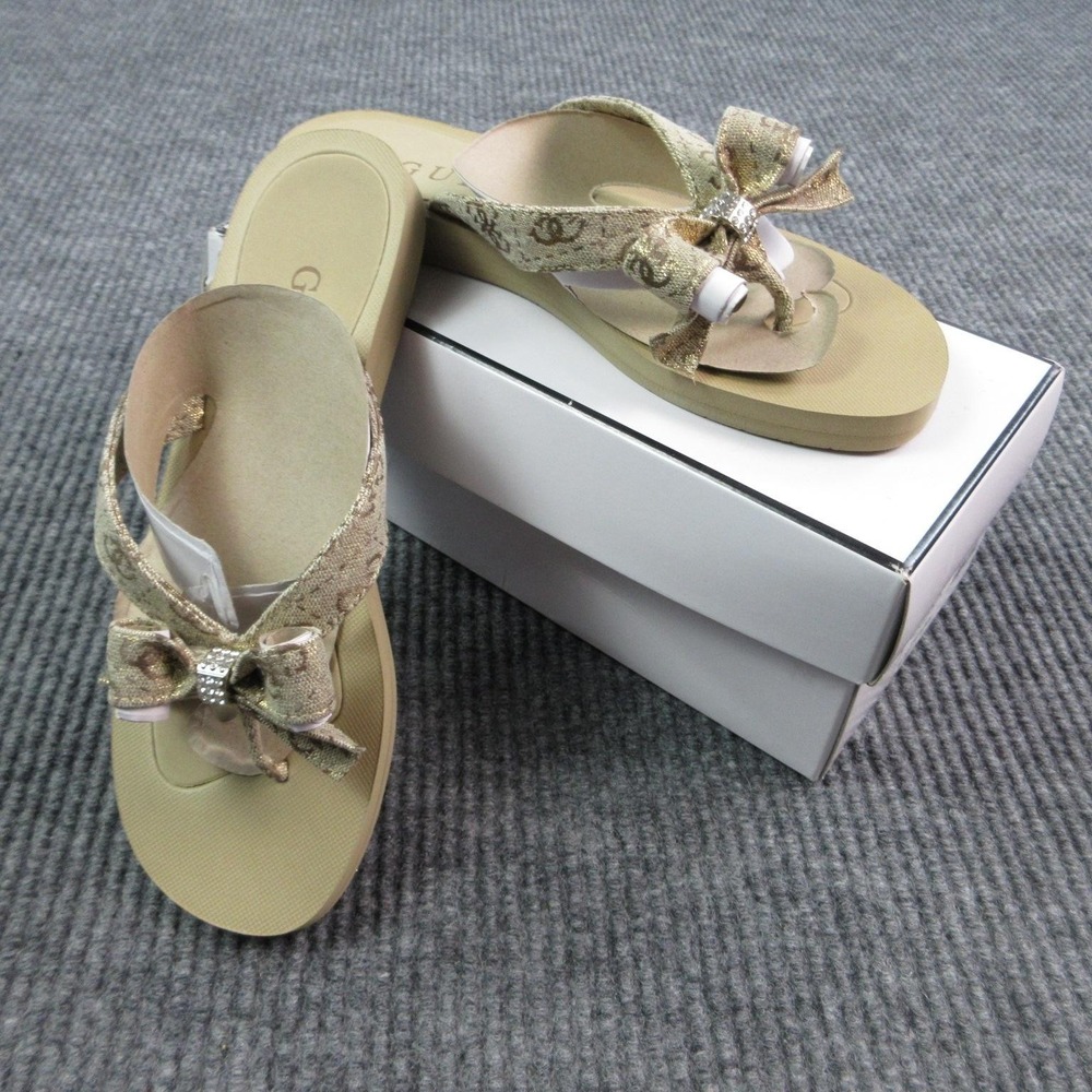 GUESS Sandals Womens Size 9 Gold Thong Bow Rhinestone Wedge TUTA5 Cushioned NWB